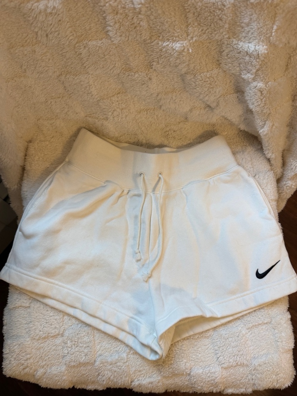 Nike Women's White Athletic Fleece Shorts with Black Swoosh